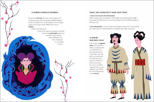 Book cover of The Secret Lives of Queens and Kings, with Queen Elizabeth II in purple, alongside Cleopatra and Nero. Published by White Star.