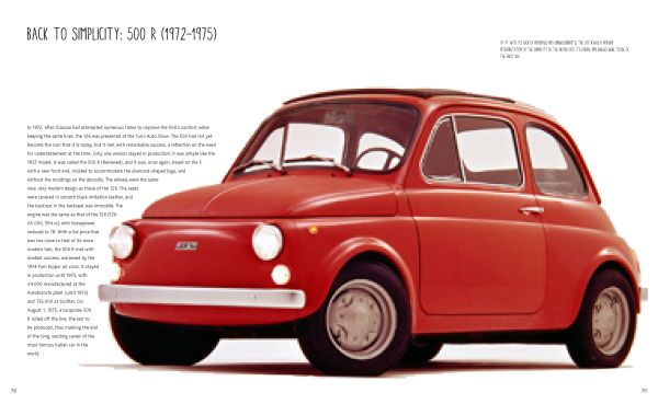 Book cover of Fiat 500, The History of a Legend from 1936 to the Present, with a older red Fiat model alongside a pale green Fiat 500 model. Published by White Star,