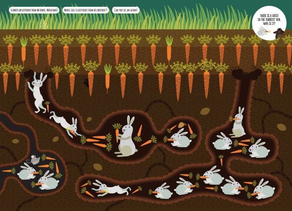 Book cover of Find Me! Underground Adventures with Bernard the Wolf, with a blue wolf underground wearing a helmet with goggles, nocturnal animals in burrows. Published by White Star.