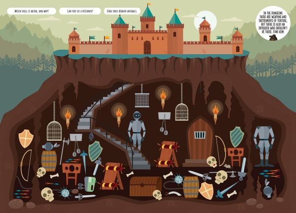 Book cover of Find Me! Underground Adventures with Bernard the Wolf, with a blue wolf underground wearing a helmet with goggles, nocturnal animals in burrows. Published by White Star.