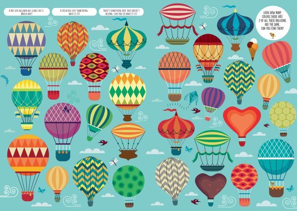 Book cover of Find Me! Adventures in the Sky with Bernard the Wolf, with a wolf flying a propeller plane surrounded by hot air balloons. Published by White Star.