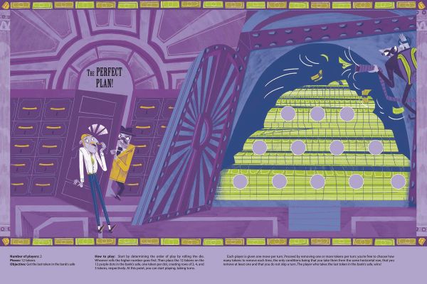 Book cover of The Big Book of Detective Games, with a man shining torch light on robber stealing bags of money. Published by White Star.