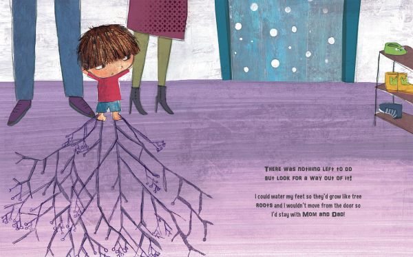 Book cover of First Day at Preschool, Tim's Tips. SOS Parents, with a young child in red t-shirt, with yellow school rucksack on back. Published by White Star.