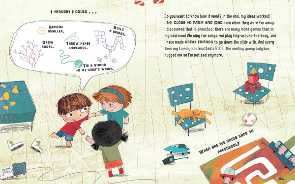 Book cover of First Day at Preschool, Tim's Tips. SOS Parents, with a young child in red t-shirt, with yellow school rucksack on back. Published by White Star.