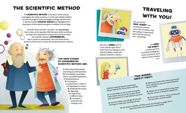 Book cover of The Chemistry of Disgusting Things, Let's Experiment!, with a robot making a mess with pink slime, and Albert Einstein hovering to the left while taking notes. Published by White Star.