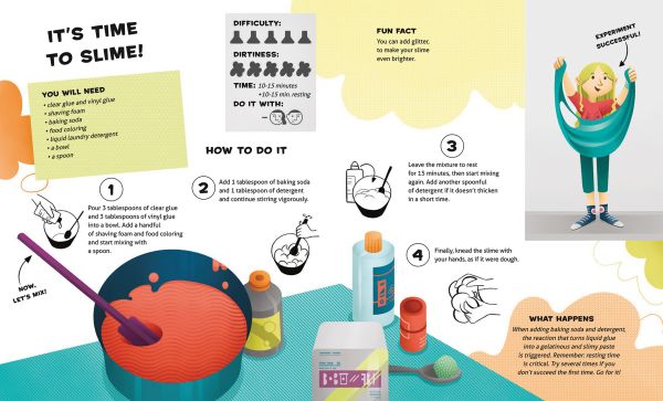 Book cover of The Chemistry of Disgusting Things, Let's Experiment!, with a robot making a mess with pink slime, and Albert Einstein hovering to the left while taking notes. Published by White Star.