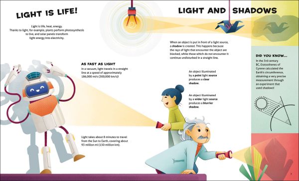 Book cover of Light and Shadows, Let's Experiment!, with Albert Einstein alongside a robot holding piece of glass creating prism. Published by White Star.