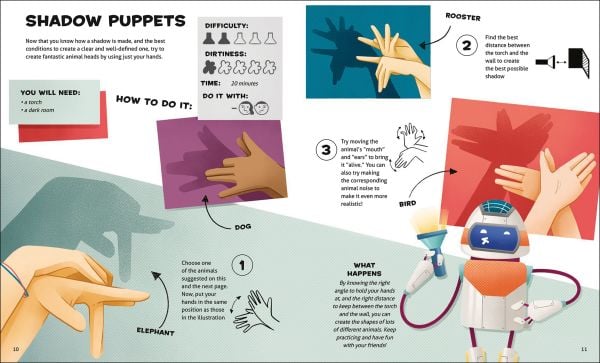 Book cover of Light and Shadows, Let's Experiment!, with Albert Einstein alongside a robot holding piece of glass creating prism. Published by White Star.