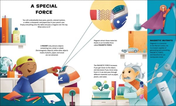 Book cover of Electricity and Magnetism, Let's Experiment! with a robot with arms and legs outstretched. Published by White Star.