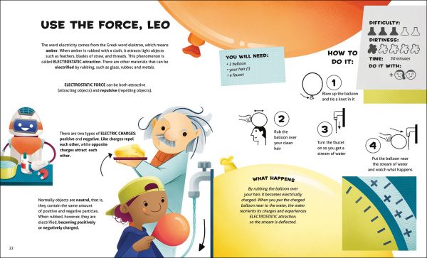 Book cover of Electricity and Magnetism, Let's Experiment! with a robot with arms and legs outstretched. Published by White Star.