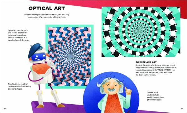 Book cover of Optical Illusions, Let's Experiment! with Albert Einstein and a robot with pink and blue wavy pattern behind. Published by White Star.