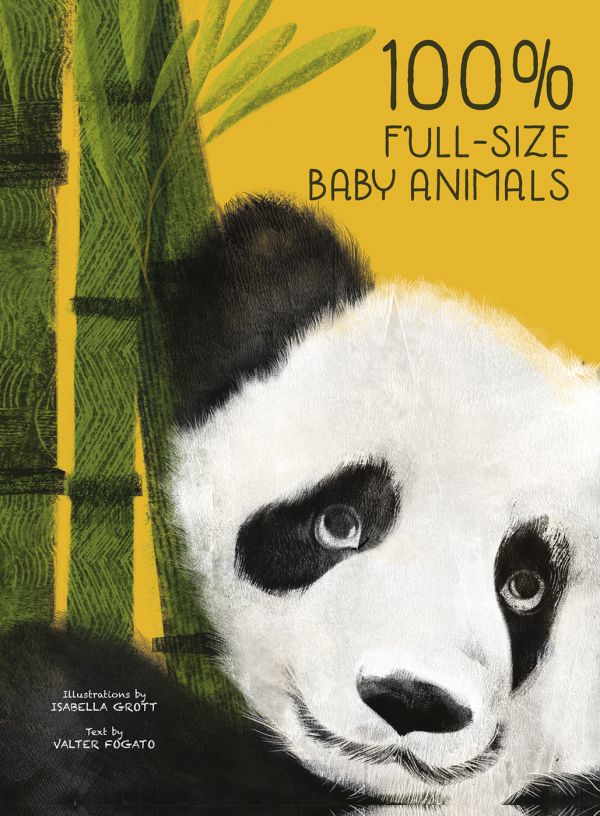 Book cover of 100% Full Size Baby Animals, with a baby black and white panda clinging to green bamboo. Published by White Star.