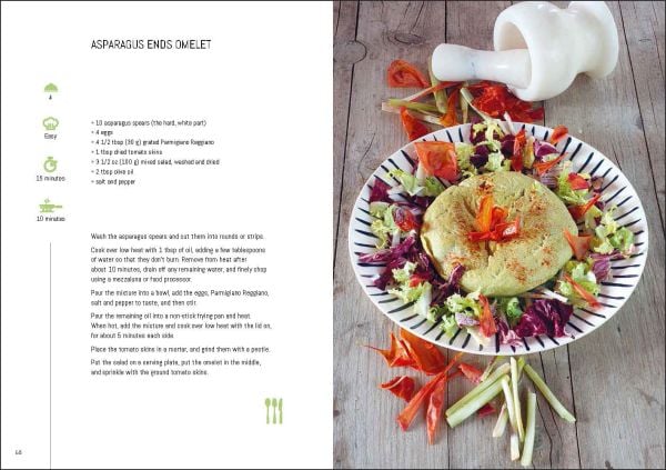 Book cover of Zero Waste, 60 Recipes for a Waste-Free Kitchen, with glass ramakins containing chopped food: orange peels, red peppers, vegetable scraps. Published by White Star.