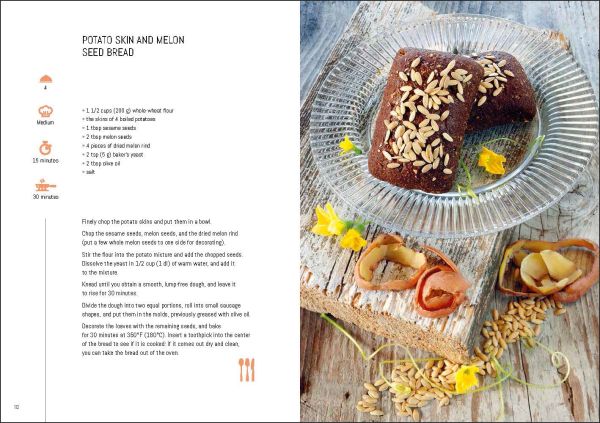 Book cover of Zero Waste, 60 Recipes for a Waste-Free Kitchen, with glass ramakins containing chopped food: orange peels, red peppers, vegetable scraps. Published by White Star.