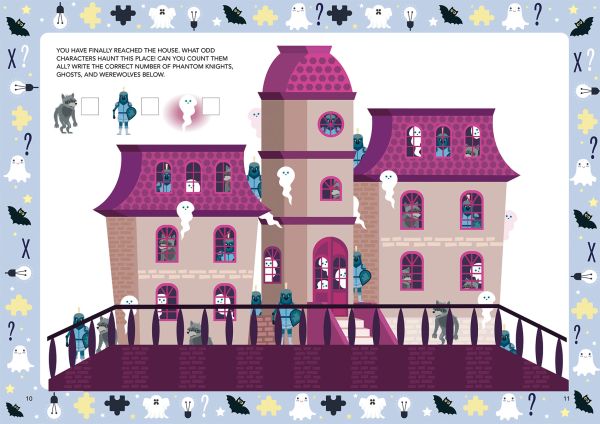 Book cover of Spooky Problems, Mad for Math, with a black gothic mansion surrounded by ghosts, cobwebs and numbers. Published by White Star.