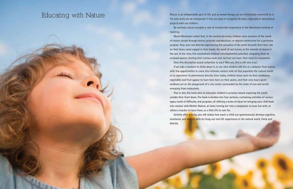 Book cover of Exploring the Nature: Montessori Lab, Educating with Nature, with a child lying in long green grass, wearing explorers pith hat, looking through pair of red binoculars. Published by White Star.