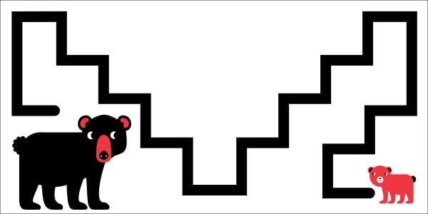 Book cover of Follow Me, Little One!, from the Baby Montessori series, with a baby red parrot following black path to an adult red parrot. Published by White Star.