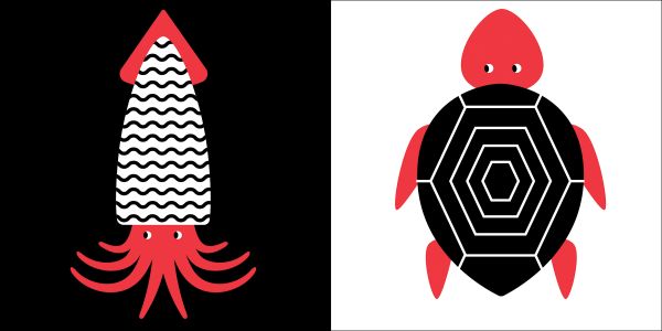 Book cover of Sea Animals, Baby Montessori, with a black shark with red fins, black and white squid, and black and red fish. Published by White Star.