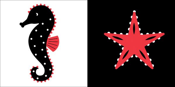 Book cover of Sea Animals, Baby Montessori, with a black shark with red fins, black and white squid, and black and red fish. Published by White Star.