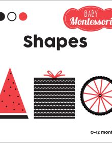 Red and black truck, black car and black helicopter on white board book cover 'Shapes, Baby Montessori', by White Star.