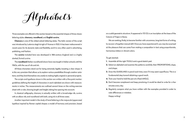 Book cover of The Art of Creative Lettering, Calligraphy Techniques and Exercises, with letters of the alphabet in script font, alongside tree made of letters. Published by White Star.