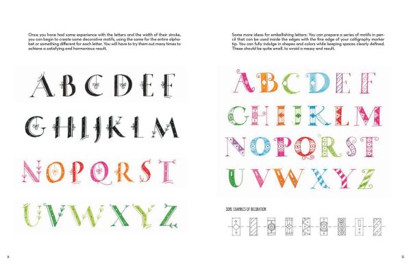 Book cover of The Art of Creative Lettering, Calligraphy Techniques and Exercises, with letters of the alphabet in script font, alongside tree made of letters. Published by White Star.