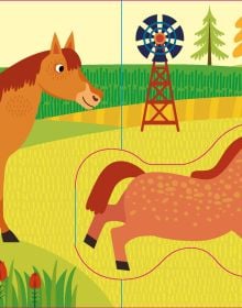 Book cover of A Day at the Farm, A Pop Up Book, with a farmyard with cow, pig, horse, sheep and chicken, with barn behind. Published by White Star.
