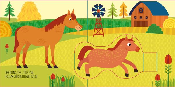 Book cover of A Day at the Farm, A Pop Up Book, with a farmyard with cow, pig, horse, sheep and chicken, with barn behind. Published by White Star.