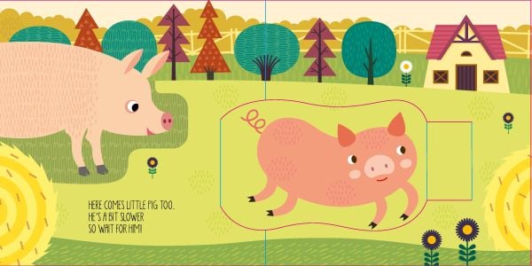 Book cover of A Day at the Farm, A Pop Up Book, with a farmyard with cow, pig, horse, sheep and chicken, with barn behind. Published by White Star.