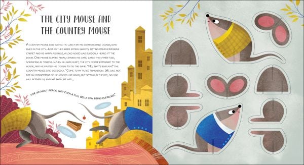 Book cover of Build Up the Fables of La Fontaine', with a cardboard cut-out of fox and hare, in woodland. Published by White Star.