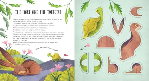 Book cover of Build Up the Fables of La Fontaine', with a cardboard cut-out of fox and hare, in woodland. Published by White Star.