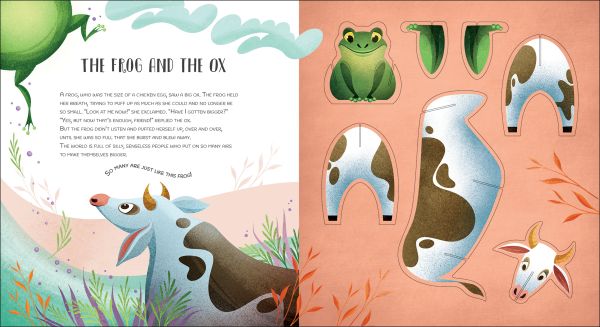 Book cover of Build Up the Fables of La Fontaine', with a cardboard cut-out of fox and hare, in woodland. Published by White Star.