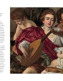 Book cover of Caravaggio, A Genius Between Shadows and Lights, with an oil painting titled 'The Calling of Saint Matthew'. Published by White Star.