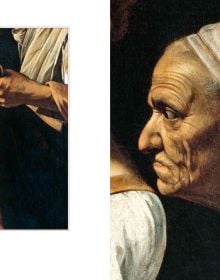 Book cover of Caravaggio, A Genius Between Shadows and Lights, with an oil painting titled 'The Calling of Saint Matthew'. Published by White Star.