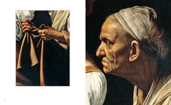 Book cover of Caravaggio, A Genius Between Shadows and Lights, with an oil painting titled 'The Calling of Saint Matthew'. Published by White Star.