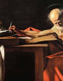 Book cover of Caravaggio, A Genius Between Shadows and Lights, with an oil painting titled 'The Calling of Saint Matthew'. Published by White Star.
