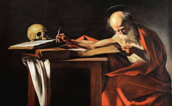 Book cover of Caravaggio, A Genius Between Shadows and Lights, with an oil painting titled 'The Calling of Saint Matthew'. Published by White Star.