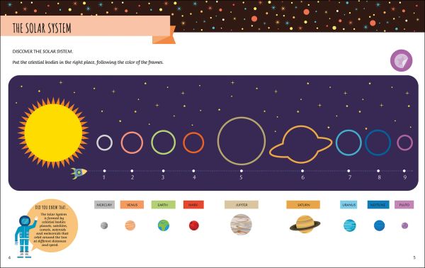 Book cover of My First Book About Space, Montessori Activity Book, with an astronaut, space satellite, rocket, spacecraft and meteorite. Published by White Star.