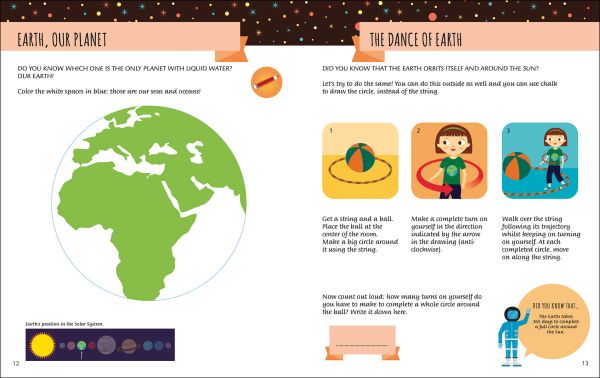 Book cover of My First Book About Space, Montessori Activity Book, with an astronaut, space satellite, rocket, spacecraft and meteorite. Published by White Star.