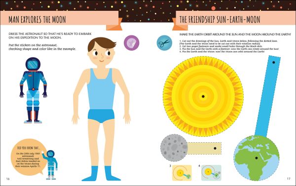 Book cover of My First Book About Space, Montessori Activity Book, with an astronaut, space satellite, rocket, spacecraft and meteorite. Published by White Star.