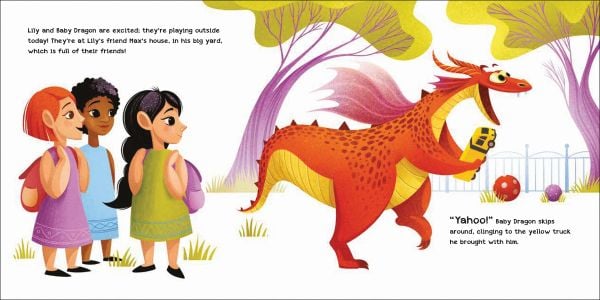 Book cover of How to Teach your Dragon to Share, with four children and yellow and orange dragon, sitting on floor playing. Published by White Star.