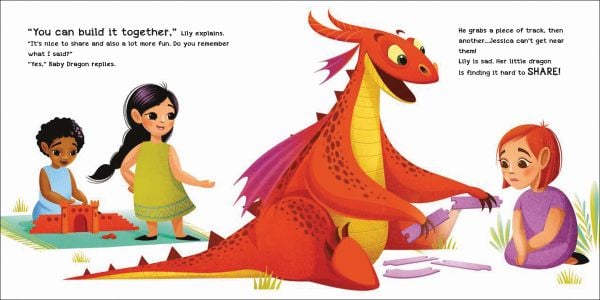Book cover of How to Teach your Dragon to Share, with four children and yellow and orange dragon, sitting on floor playing. Published by White Star.