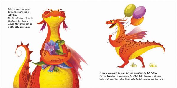 Book cover of How to Teach your Dragon to Share, with four children and yellow and orange dragon, sitting on floor playing. Published by White Star.