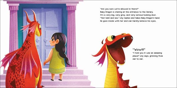 Book cover of How to Teach your Dragon to Help, with an orange dragon carrying a dark-haired girl in green dress. Published by White Star.