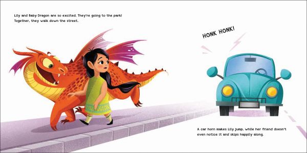 Book cover of How to Teach your Dragon to Listen, with an orange dragon holding a young girl's hand while walking near by a light traffic signal. Published by White Star.