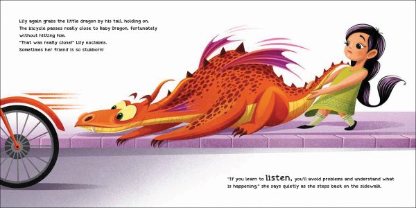 Book cover of How to Teach your Dragon to Listen, with an orange dragon holding a young girl's hand while walking near by a light traffic signal. Published by White Star.