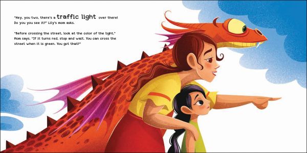 Book cover of How to Teach your Dragon to Listen, with an orange dragon holding a young girl's hand while walking near by a light traffic signal. Published by White Star.