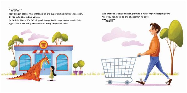 Book cover of How to Teach your Dragon to Wait, with an orange dragon being pushed in supermarket trolley by young girl. Published by White Star.