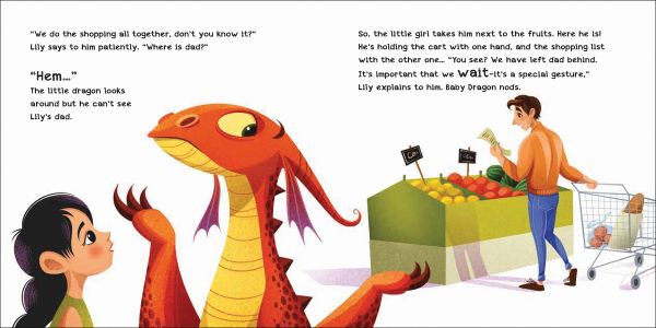 Book cover of How to Teach your Dragon to Wait, with an orange dragon being pushed in supermarket trolley by young girl. Published by White Star.