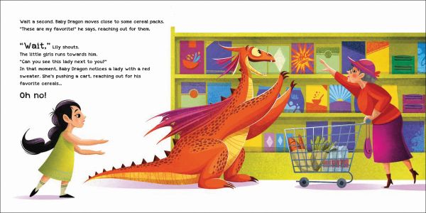 Book cover of How to Teach your Dragon to Wait, with an orange dragon being pushed in supermarket trolley by young girl. Published by White Star.